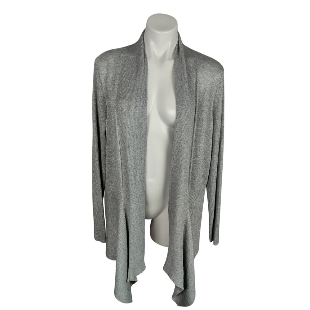 Avenue Waterfall Gray Metallic Thread Gray Ribbed Detail Open Cardigan 14/16